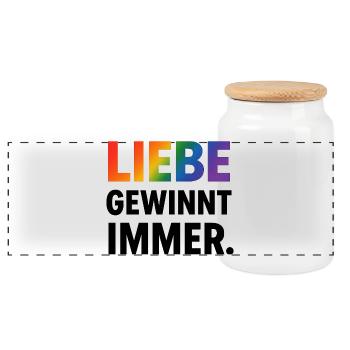 Regenbogen Spruch Liebe Gewinnt Immer - Panorama Keksdose mit Holzdeckel - Weiß - Vorne
