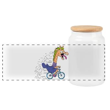 Giraffe on Bike Cartoon - Panoramic Cookie Jar with Wooden Lid - white - Front