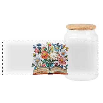 Book with flowers - Panoramic Cookie Jar with Wooden Lid - white - Front