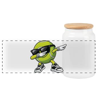 Lustiger Tennisspieler mit Tennisball abpuppen - Panorama Keksdose mit Holzdeckel - Weiß - Vorne