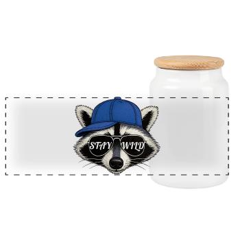Stay Wild – Waschbär-Streetwear-Stil - Panorama Keksdose mit Holzdeckel - Weiß - Vorne