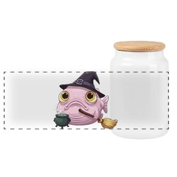 Funny Blobfish - Witch's Hat and Magic Cauldron - Panoramic Cookie Jar with Wooden Lid - white - Front