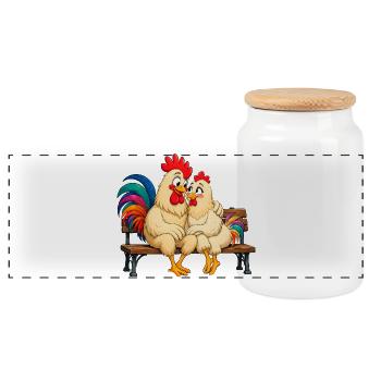Rooster and hen - Panoramic Cookie Jar with Wooden Lid - white - Front