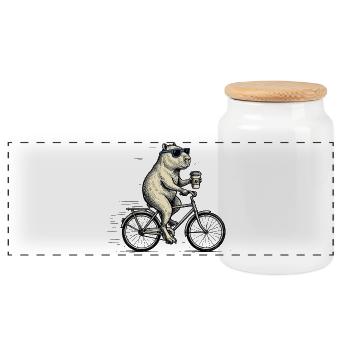 Capybara auf Fahrrad mit Kaffee – Tier Humor - Panorama Keksdose mit Holzdeckel - Weiß - Vorne