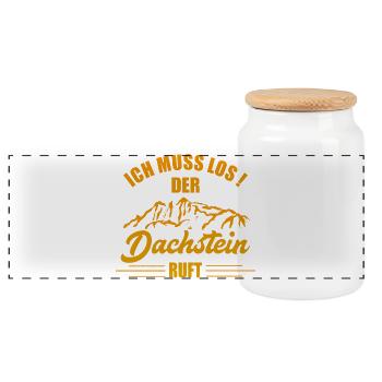Ich muss  los der Dachstein ruft Goldgelb - Panorama Keksdose mit Holzdeckel - Weiß - Vorne