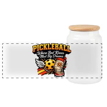 Pickleball Große Träume, Knie Power - Panorama Keksdose mit Holzdeckel - Weiß - Vorne