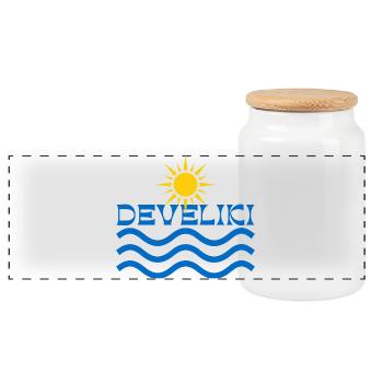 Develiki Sonnenaufgangswellen-Emblem - Panorama Keksdose mit Holzdeckel - Weiß - Vorne