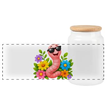 Wurm mit Sonnenbrille im Blumenmeer - Panorama Keksdose mit Holzdeckel - Weiß - Vorne