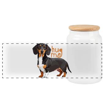 Cuddly dachshund with hug me font - Panoramic Cookie Jar with Wooden Lid - white - Front