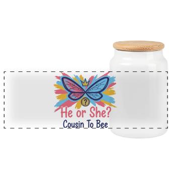 Gender Reveal He Or She Cousin To Bee Baby Shower - Panoramic Cookie Jar with Wooden Lid - white - Front