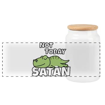Lazy T-Rex Not Today Satan Lazy Dino Fan - Panoramic Cookie Jar with Wooden Lid - white - Front