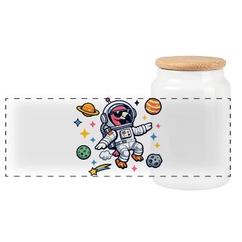 Astronaut Cartoon in Space Flamingo - Panoramic Cookie Jar with Wooden Lid - white - Front