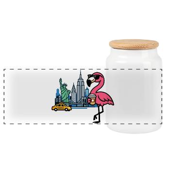 Flamingo trifft New York – Kaffeepause - Panorama Keksdose mit Holzdeckel - Weiß - Vorne