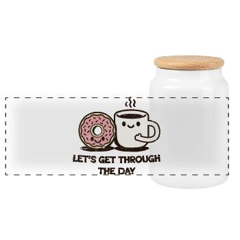 Lass uns durch den Tag kommen – Kaffee & Donut - Panorama Keksdose mit Holzdeckel - Weiß - Vorne
