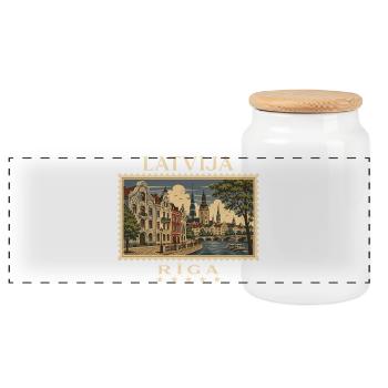 Lettland Riga Vintage Reisemarke - Panorama Keksdose mit Holzdeckel - Weiß - Vorne