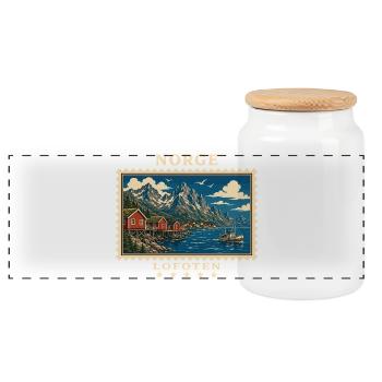 Norwegen Lofoten Vintage Reisemarke - Panorama Keksdose mit Holzdeckel - Weiß - Vorne