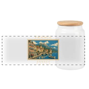Frankreich Annecy Vintage Reisemarke - Panorama Keksdose mit Holzdeckel - Weiß - Vorne