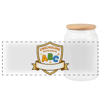 Einschulung ABC Schild Motiv - Panorama Keksdose mit Holzdeckel - Weiß - Vorne
