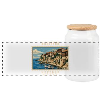 Bulgarien Nessebar Vintage Reisemarke - Panorama Keksdose mit Holzdeckel - Weiß - Vorne