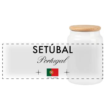 Setubal Portugal Koordinaten Reise Souvenir - Panorama Keksdose mit Holzdeckel - Weiß - Vorne