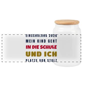 Einschulung 2026 Ich platze vor Stolz - Papa - Panorama Keksdose mit Holzdeckel - Weiß - Vorne