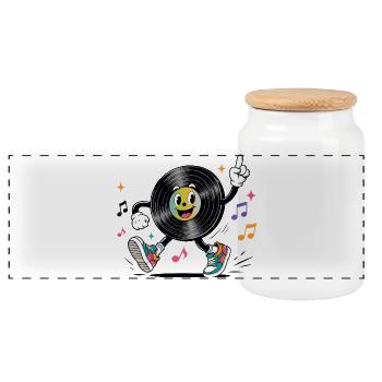 Lustige Schallplatte mit Musiknoten Retro - Panorama Keksdose mit Holzdeckel - Weiß - Vorne