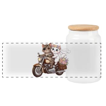 Just Married: Katzen auf Motorrad - Panorama Keksdose mit Holzdeckel - Weiß - Vorne