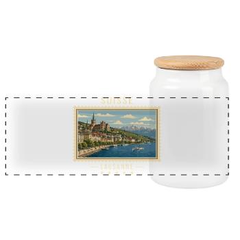 Schweiz Lausanne Vintage Reisemarke - Panorama Keksdose mit Holzdeckel - Weiß - Vorne