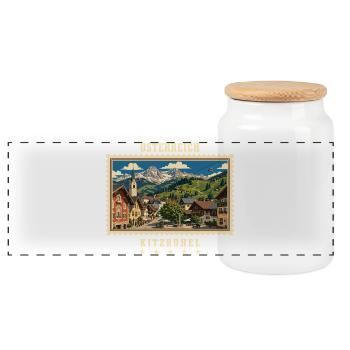 Österreich Kitzbühel Vintage Reisemarke - Panorama Keksdose mit Holzdeckel - Weiß - Vorne