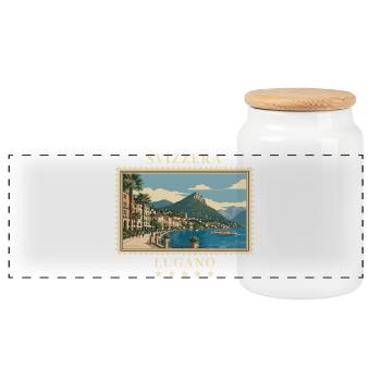 Schweiz Lugano Vintage Reisemarke - Panorama Keksdose mit Holzdeckel - Weiß - Vorne