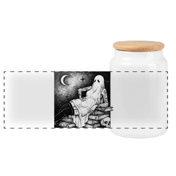 Ghost over books in the moonlight - Panoramic Cookie Jar with Wooden Lid - white - Front