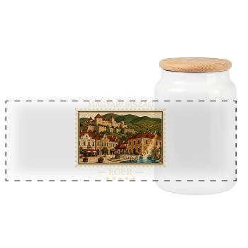 Ungarn Eger Vintage Reisemarke - Panorama Keksdose mit Holzdeckel - Weiß - Vorne