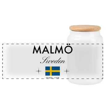 Malmö Sweden Coordinates Travel Souvenir - Panoramic Cookie Jar with Wooden Lid - white - Front