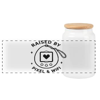 Pixel & Wi-Fi Retro Design - Panoramic Cookie Jar with Wooden Lid - white - Front