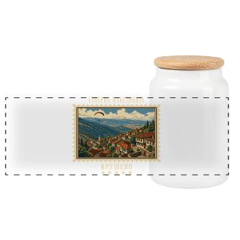 Nordmazedonien Kruševo Vintage Reisemarke - Panorama Keksdose mit Holzdeckel - Weiß - Vorne