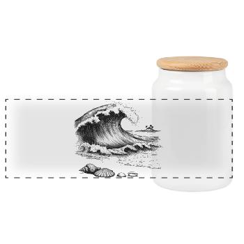 Big ocean wave with palm island and shells - Panoramic Cookie Jar with Wooden Lid - white - Front