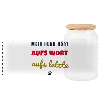 Mein Hund hört aufs Wort Hunde Spruch - Panorama Keksdose mit Holzdeckel - Weiß - Vorne