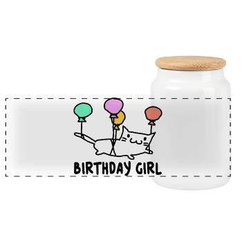 Katze mit Ballons Birthday Girl Geschenk - Panorama Keksdose mit Holzdeckel - Weiß - Vorne