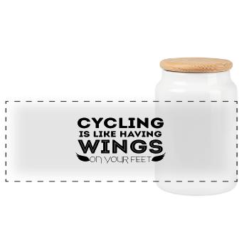 Fahrrad: Cycling is like having wings on your - Panorama Keksdose mit Holzdeckel - Weiß - Vorne