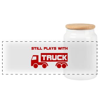 Mechaniker: Still plays with Truck. - Panorama Keksdose mit Holzdeckel - Weiß - Vorne