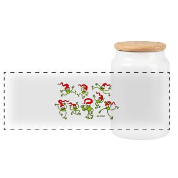 Christmas Frogs, dancing, jumping and celebrating! - Panoramic Cookie Jar with Wooden Lid - white - Front