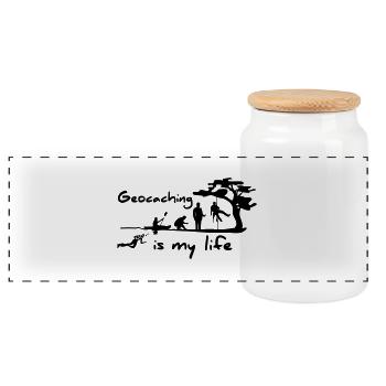 1016_geocaching_is_my_life - Panorama Keksdose mit Holzdeckel - Weiß - Vorne