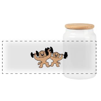 2 Dogs Bodybuilders Strong Muscles Gym Weightlifting - Panoramic Cookie Jar with Wooden Lid - white - Front