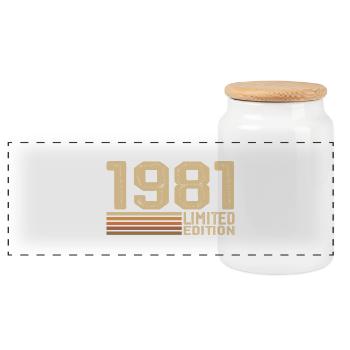 Jahrgang 1981 Geburtstag - Geschenk 1981 Jahrgang 1981 - Panorama Keksdose mit Holzdeckel - Weiß - Vorne