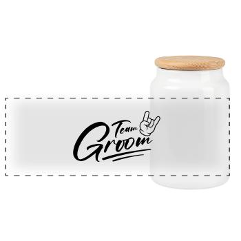Groom Team Groom Bachelor - Panoramic Cookie Jar with Wooden Lid - white - Front