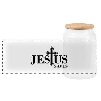 Jesus saves - Panoramic Cookie Jar with Wooden Lid - white - Front