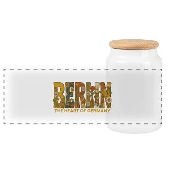 Berlin Heart of Germany Floral Typography - Panoramic Cookie Jar with Wooden Lid - white - Front