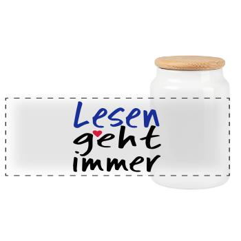 Lesen geht immer! - Panorama Keksdose mit Holzdeckel - Weiß - Vorne