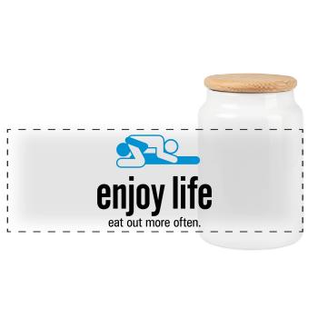 Enjoy life. Go eat more often! - Panoramic Cookie Jar with Wooden Lid - white - Front