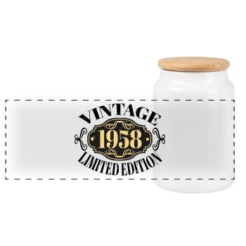 Jahrgang 1958 - 64 Jahre alt, Geschenk zum 64. Geburtstag - Panorama Keksdose mit Holzdeckel - Weiß - Vorne